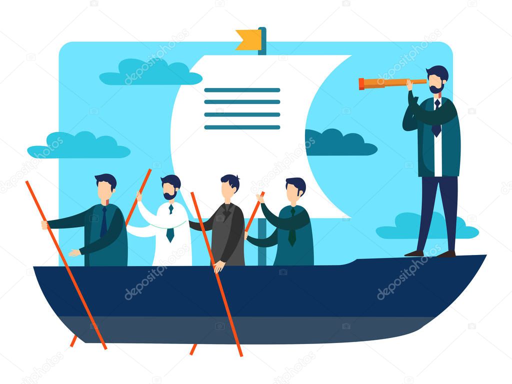 Team work on boat. Business success metaphor in minimalistic flat style. Cartoon vector illustration