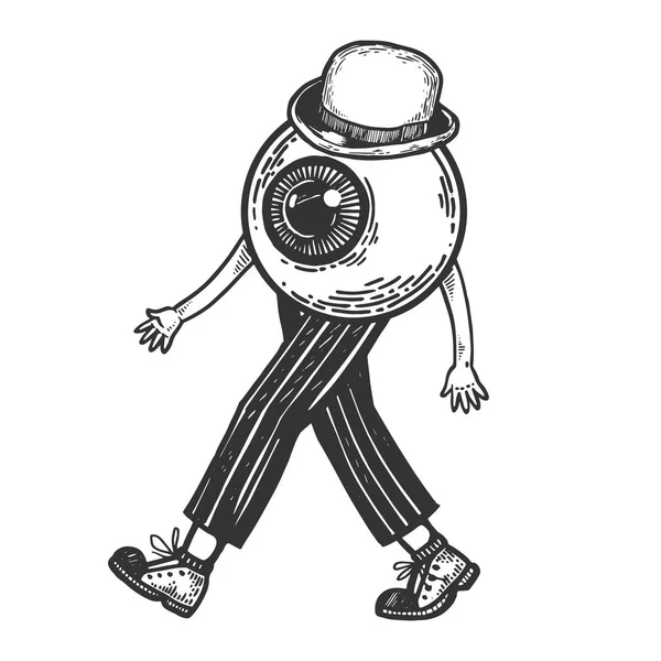Olho humano caminha em seus pés gravura vetor ilustração. Imitação de estilo Scratch board. Imagem desenhada à mão preto e branco . —  Vetores de Stock