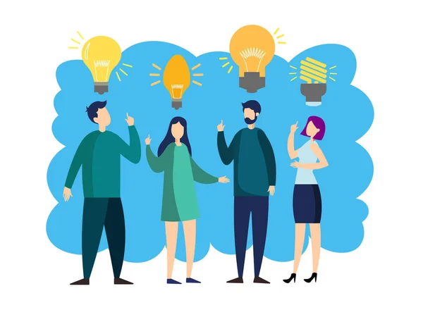 People team with idea lamp. Business people metaphor in minimalistic flat style. Cartoon vector illustration — Stock Vector