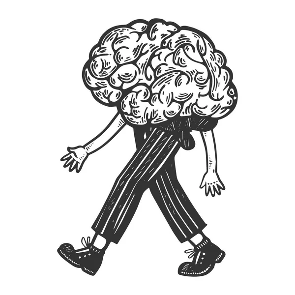 Le cerveau humain marche sur ses pieds gravant l'illustration vectorielle. Imitation de style scratch board. Image dessinée à la main noir et blanc . — Image vectorielle