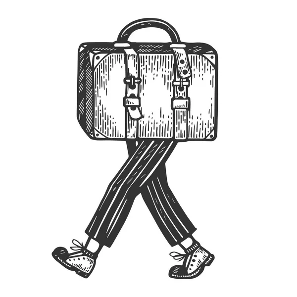 Valise sac marche sur ses pieds gravure vectorielle illustration. Imitation de style scratch board. Image dessinée à la main noir et blanc . — Image vectorielle