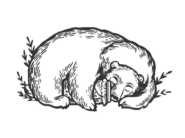 Sleeping bear hugging jar of honey engraving vector illustration. Scratch board style imitation. Black and white hand drawn image. — Stock Vector