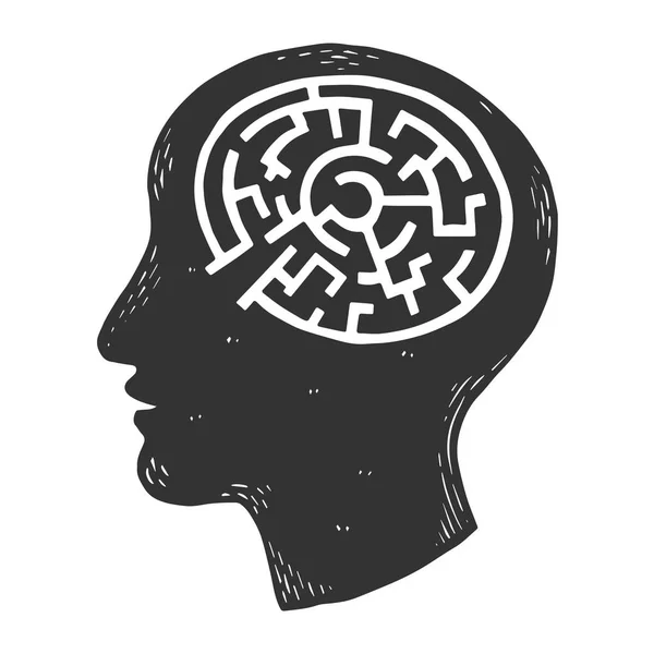 Cerebro humano en cabeza en forma de laberinto laberíntico. ilustración de vectores de grabado. Scratch board estilo imitación. Imagen dibujada a mano en blanco y negro . — Archivo Imágenes Vectoriales