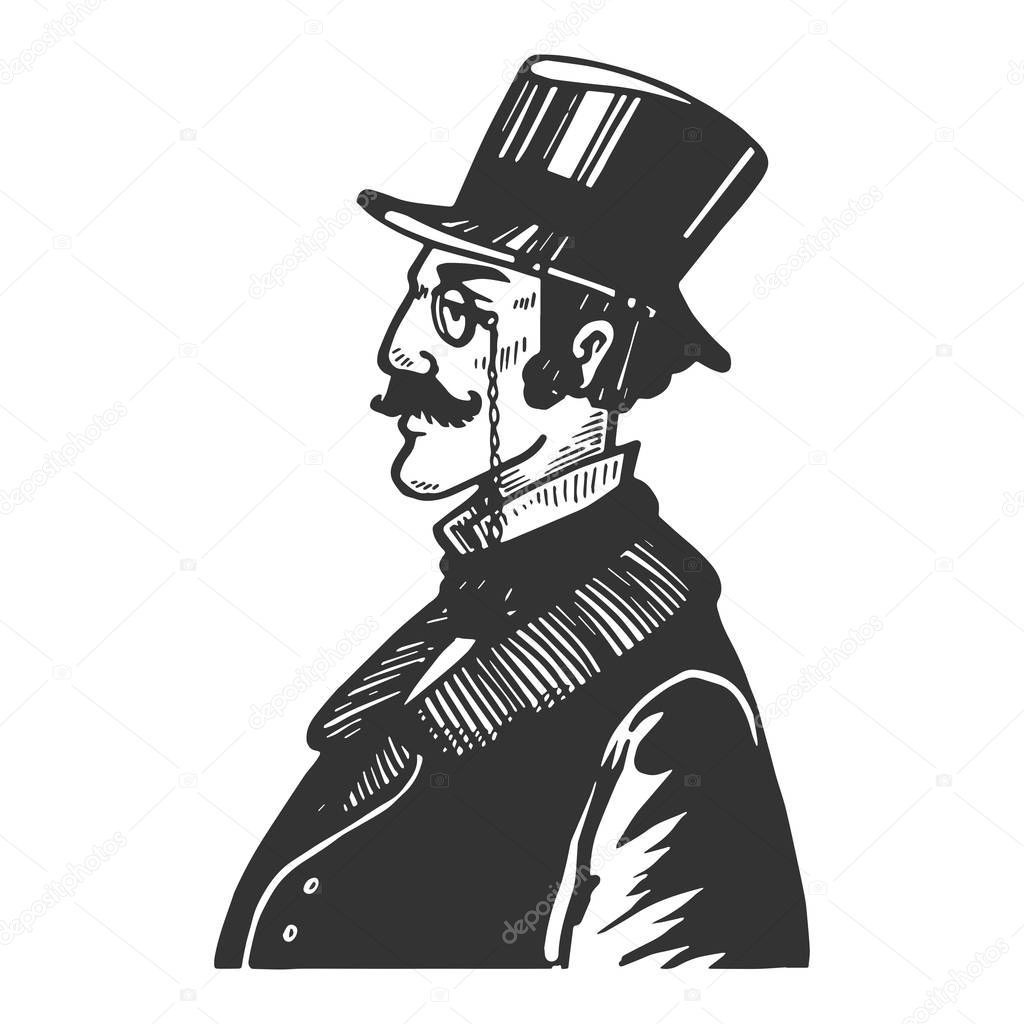 Gentleman with old fashioned phone engraving vector illustration. Scratch board style imitation. Black and white hand drawn image.