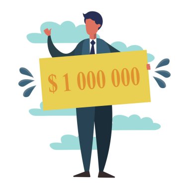 Milyon dolar kazanan piyango adam. İş başarı metafor düz tarzı. Çizgi film vektör çizim