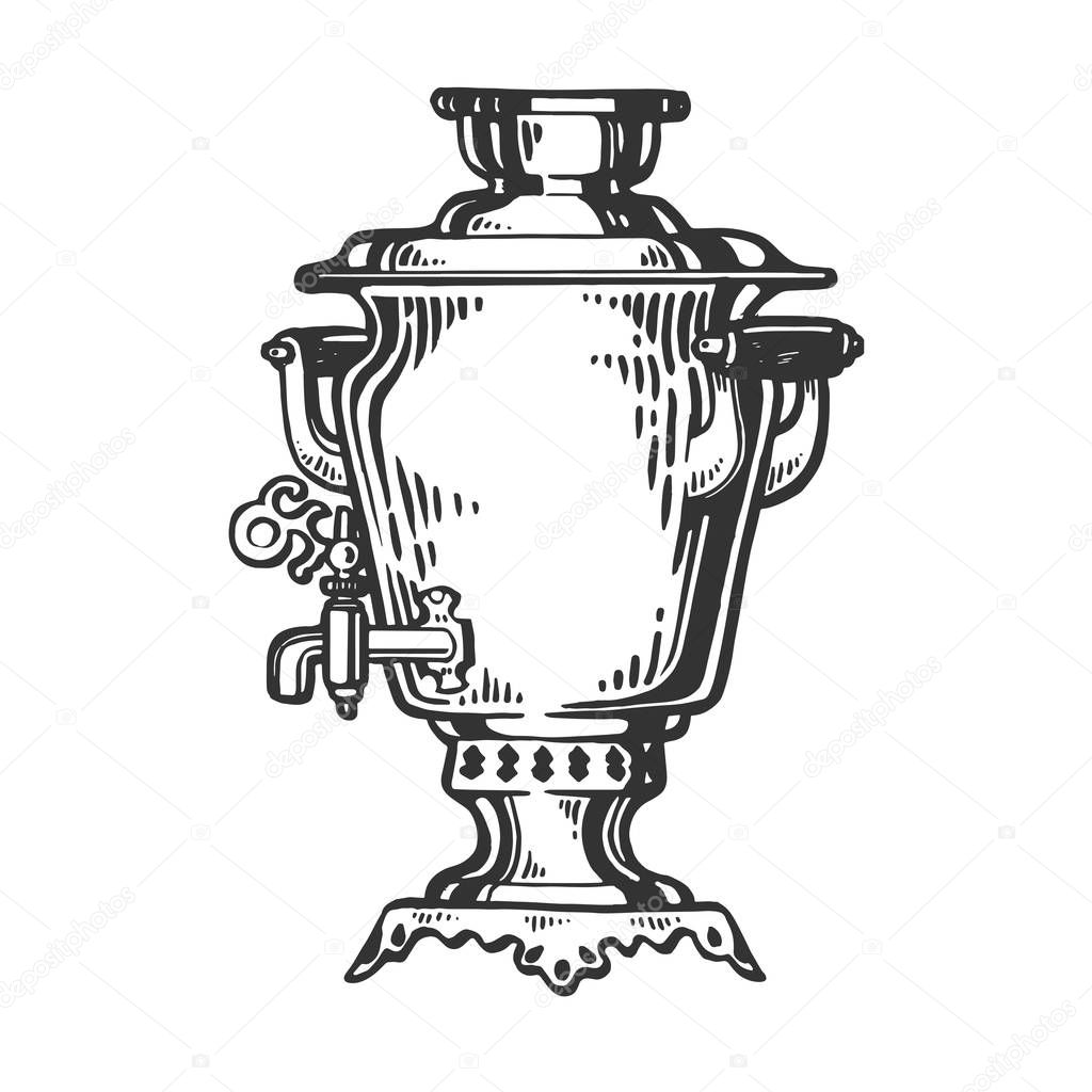 Samovar russian water tea boiler engraving vector illustration. Scratch board style imitation. Hand drawn image.