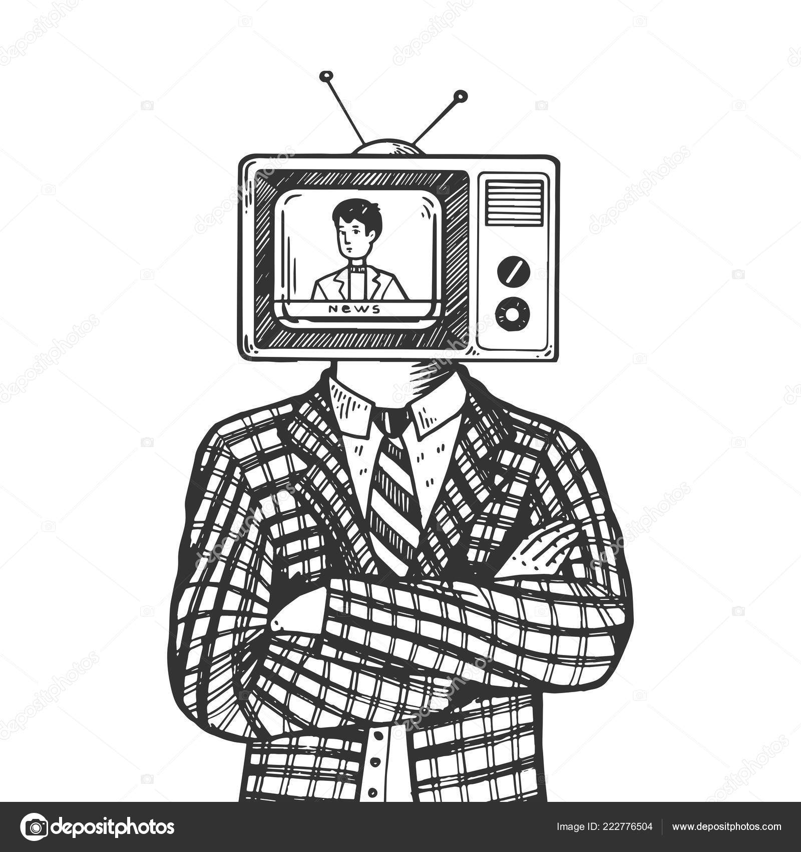 TV head of man engraving vector illustration. Scratch board style  imitation. Black and white hand drawn image. Stock Vector Image by  ©AlexanderPokusay #222776504