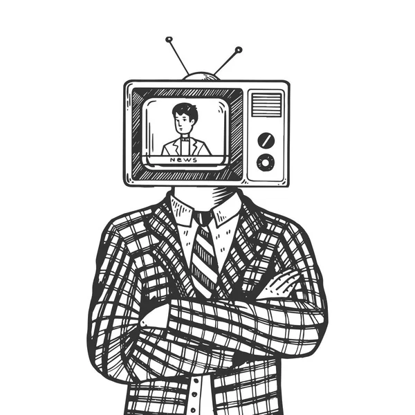Testa TV dell'uomo incisione vettoriale illustrazione. Imitazione in stile gratta e vinci. Immagine disegnata a mano in bianco e nero . — Vettoriale Stock