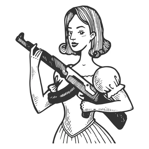 Ouderwetse vrouw met automatische machine pistool gravure vectorillustratie. Kras bestuur stijl imitatie. Zwart-wit getekende handbeeld. — Stockvector