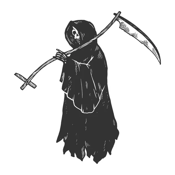 Grim reaper dood metafoor gravure vectorillustratie. Kras bestuur stijl imitatie. Zwart-wit getekende handbeeld. — Stockvector