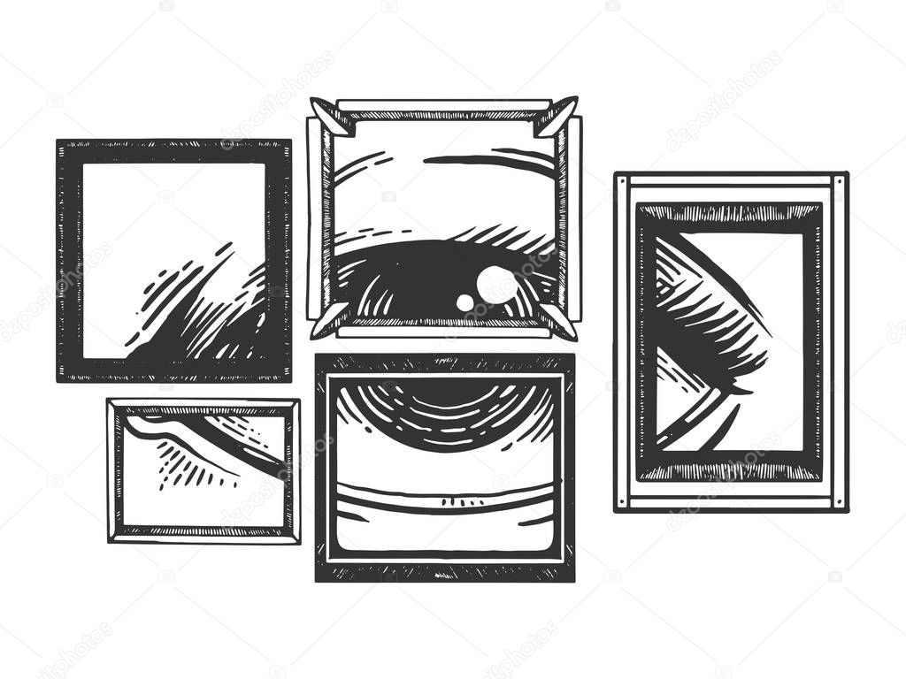 Eye in painting frames engraving vector illustration. Scratch board style imitation. Black and white hand drawn image.