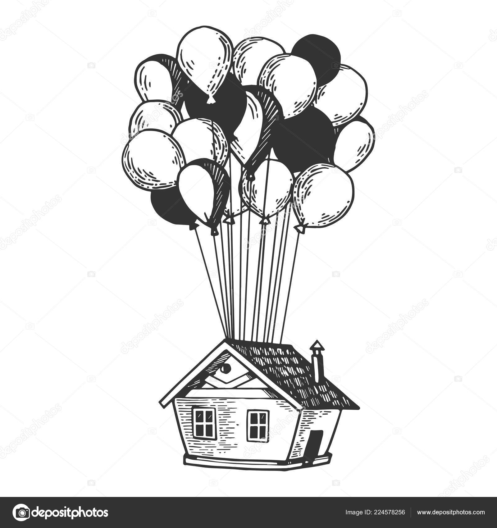 Fantastic Fabulous House Is Flying On Air Balloons Engraving