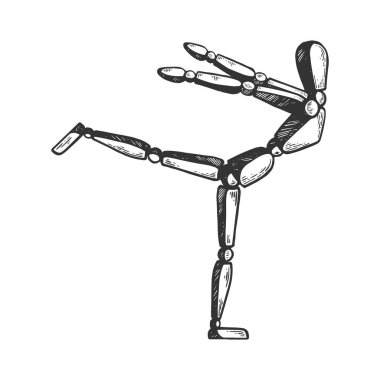 Sanatsal ahşap insan manken vektör çizim oyma arabesk bale poz. Yönetim Kurulu tarzı taklit kaşı. Siyah ve beyaz el çizilmiş resim.