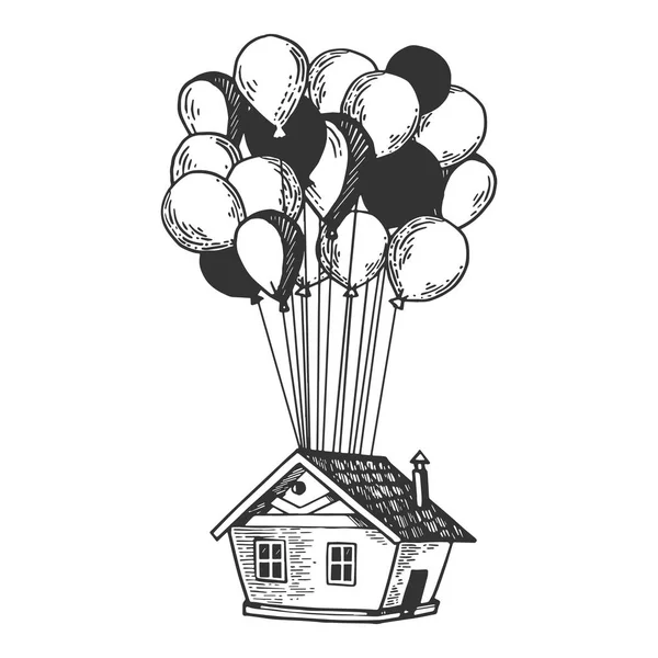 Fantastiskt bra hus flyger på air ballonger gravyr vektorillustration. Repa styrelsen stil imitation. Svart och vitt handen ritade bilden. — Stock vektor