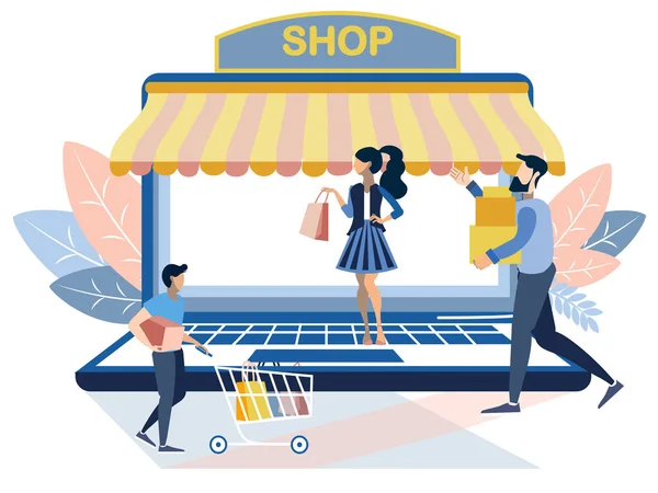 Metáfora de compras tienda en línea. Negocios de tiendas web. Estilo plano. Dibujos animados vector ilustración — Archivo Imágenes Vectoriales