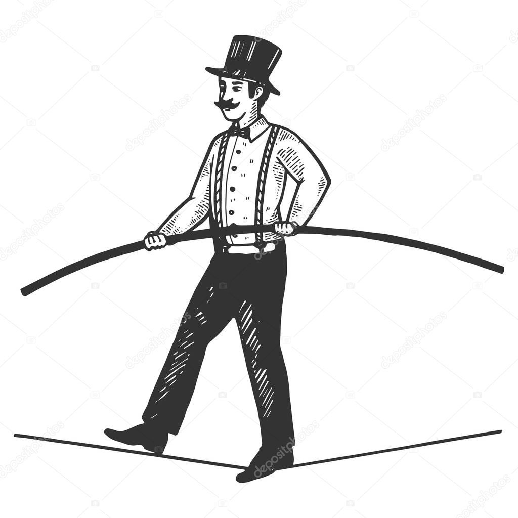 Man circus ropewalker engraving vector illustration. Scratch board style imitation. Black and white hand drawn image.