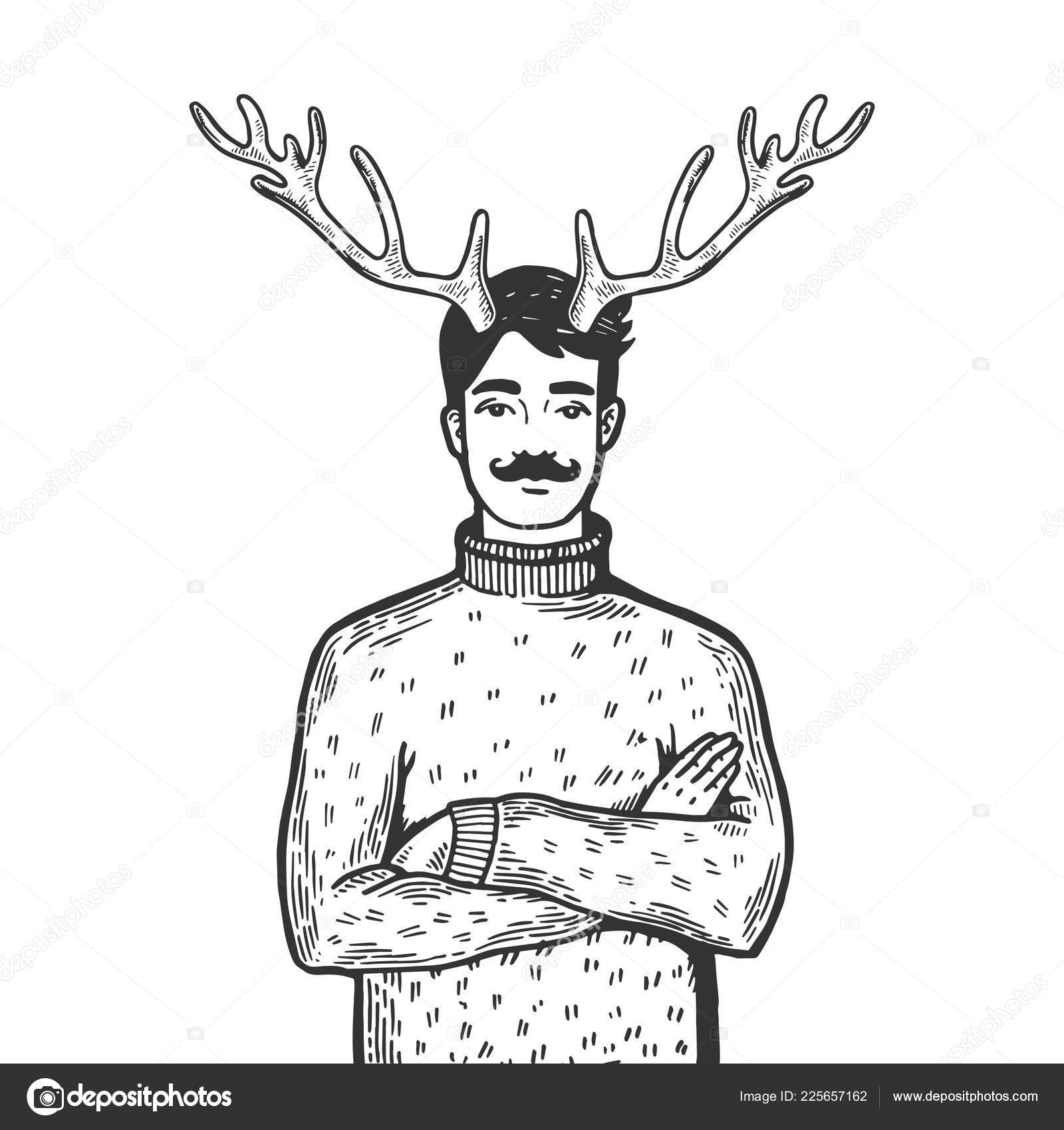 Marido com chifres de veado em sua cabeça gravura ilustração vetorial.  Imitação de estilo Scratch board. Imagem desenhada à mão preto e branco .  Vetor de ©AlexanderPokusay 225657162, image size:1600x1700