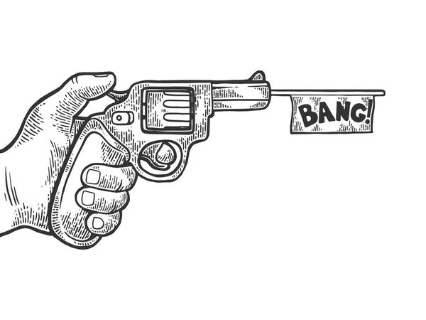 Pistola con bandiera bianca imitazione ripresa incisione vettoriale illustrazione. Imitazione in stile gratta e vinci. Immagine disegnata a mano in bianco e nero . — Vettoriale Stock