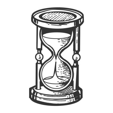 Kum saati vektör çizim oyma cam. Yönetim Kurulu tarzı taklit kaşı. Siyah ve beyaz el çizilmiş resim.