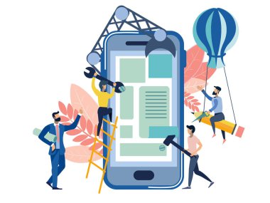 Kullanıcı arayüzü mobil uygulama createion metaforu. İş iş düz stil durumda. Çizgi film vektör çizim