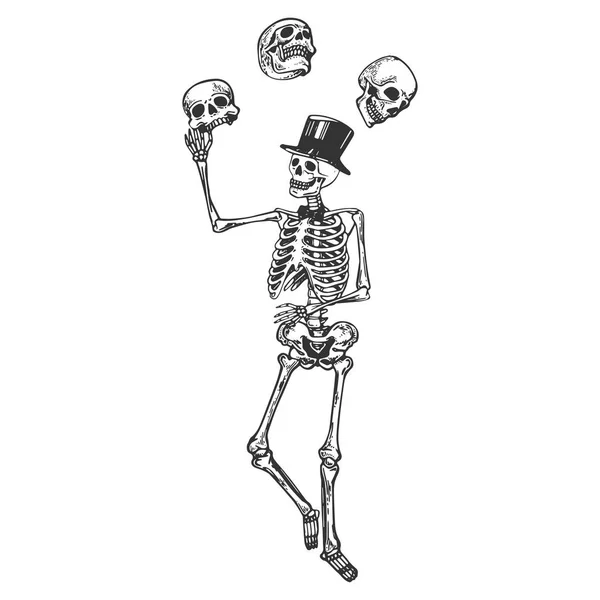 Skeleton jonglerar skallar död metafor gravyr vektorillustration. Repa styrelsen stil imitation. Svart och vitt handen ritade bilden. — Stock vektor