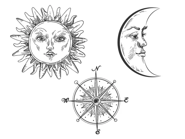 Solen och månen med ansikte gravyr vektorillustration. Repa styrelsen stil imitation. Handen ritade bilden. — Stock vektor