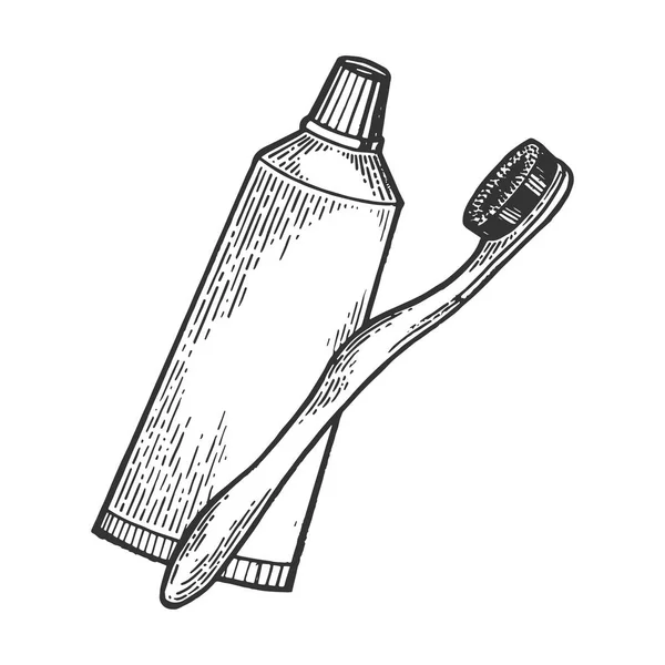 Cepillo de dientes y pasta de dientes grabado vector ilustración. Scratch board estilo imitación. Imagen dibujada a mano . — Vector de stock