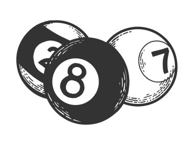 Bilardo havuzu vektör çizim oyma dişler topları. Yönetim Kurulu tarzı taklit kaşı. Siyah ve beyaz el çizilmiş resim.