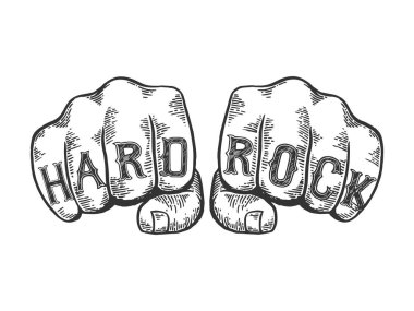 Hard rock kelimeleri vektör çizim oyma yumruk yazı tipi on dövme. Yönetim Kurulu tarzı taklit kaşı. Siyah ve beyaz el çizilmiş resim.