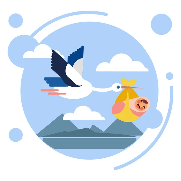 Pájaro cigüeña lleva bebé. Estilo plano. Dibujos animados vector ilustración — Vector de stock