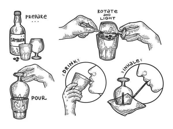 Sambuca 마시는 지침 조각 벡터 일러스트 레이 션 하는 방법. 스크래치 보드 스타일 모방. 흑인과 백인 손으로 그린된 이미지. — 스톡 벡터