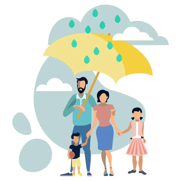 Famille avec parapluie caché de la pluie. Style plat. Illustration vectorielle de bande dessinée — Image vectorielle