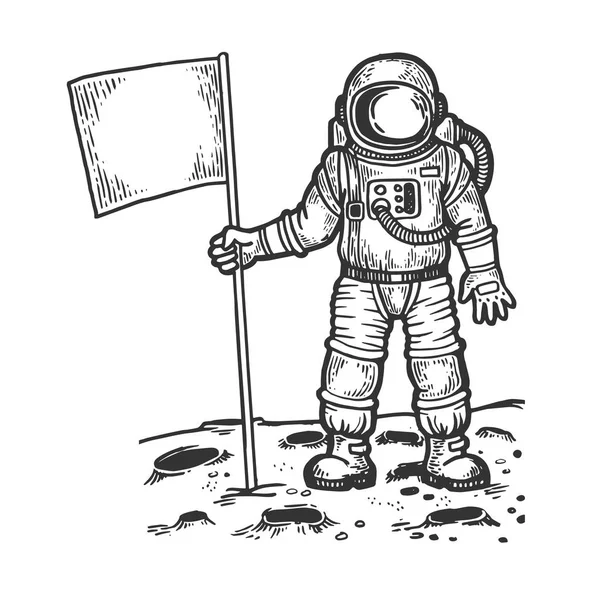 Astronaut spaceman on moon engraving vector illustration. Scratch board style imitation. Black and white hand drawn image. — Stock Vector