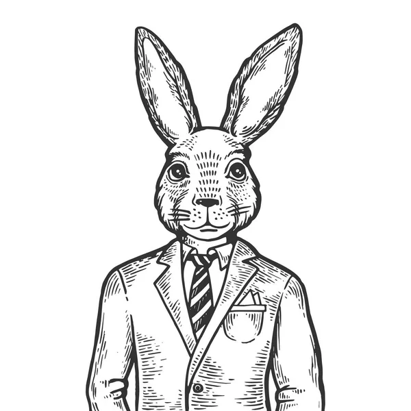 Rabbit hare empresário gravura vetor ilustração. Imitação de estilo Scratch board. Imagem desenhada à mão preto e branco . — Vetor de Stock