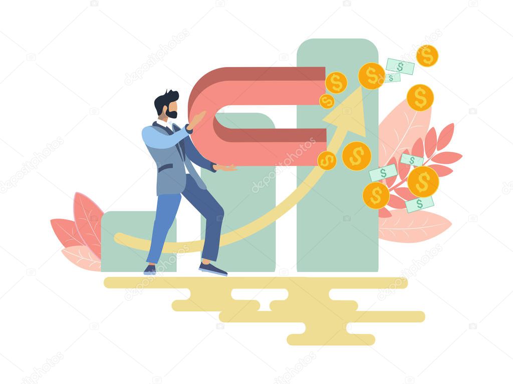 Businessman with magnet attracts money income. Business metaphor in minimalistic flat style. Cartoon vector illustration
