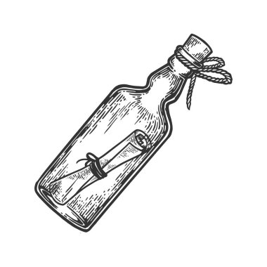 Message in a bottle engraving vector illustration. Scratch board style imitation. Hand drawn image. clipart