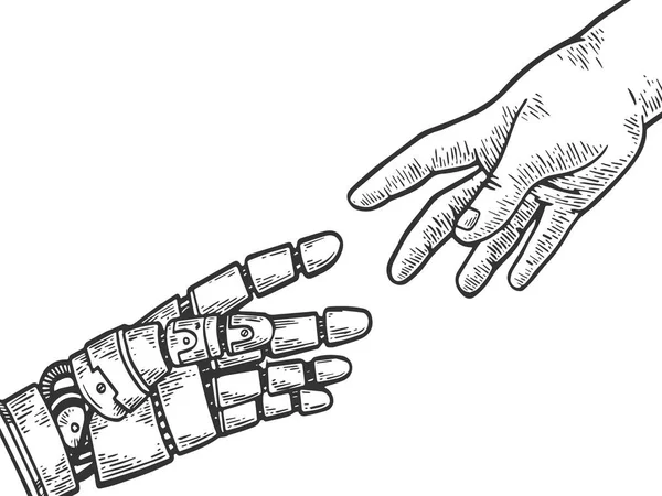 Mano robot meccanico e umano si raggiungono l'un l'altro incisione vettoriale illustrazione. Imitazione in stile gratta e vinci. Immagine disegnata a mano in bianco e nero . — Vettoriale Stock