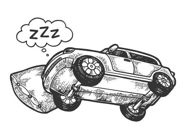 Coche dormido en la ilustración del vector de grabado de almohada. Scratch board estilo imitación. Imagen dibujada a mano en blanco y negro . — Vector de stock