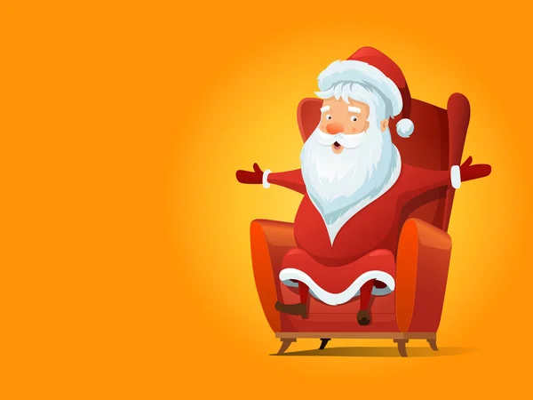 Santa Claus sitzt in einem roten Stuhl Cartoon Vektor Illustration. gelber Hintergrund — Stockvektor