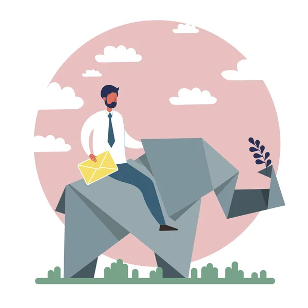 Hombre de negocios montando papel Origami juguete elefante. Estilo plano. Dibujos animados vector ilustración — Archivo Imágenes Vectoriales