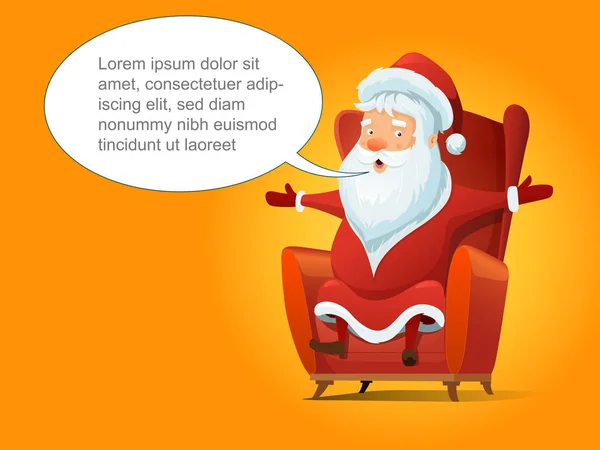 Noel Baba kırmızı sandalye karikatür vektör çizim içinde oturuyor. Sarı arka plan — Stok Vektör