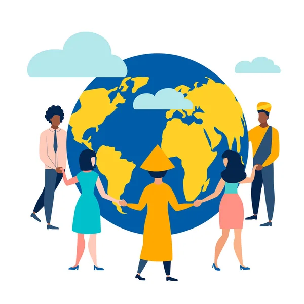 People circle dance around the Earth. Flat style. Cartoon vector illustration