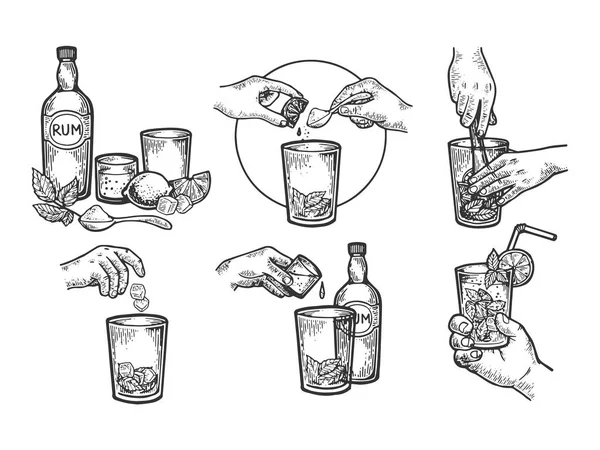 Mojito bere istruzioni per la creazione incisione vettoriale illustrazione. Imitazione in stile gratta e vinci. Immagine disegnata a mano in bianco e nero . — Vettoriale Stock