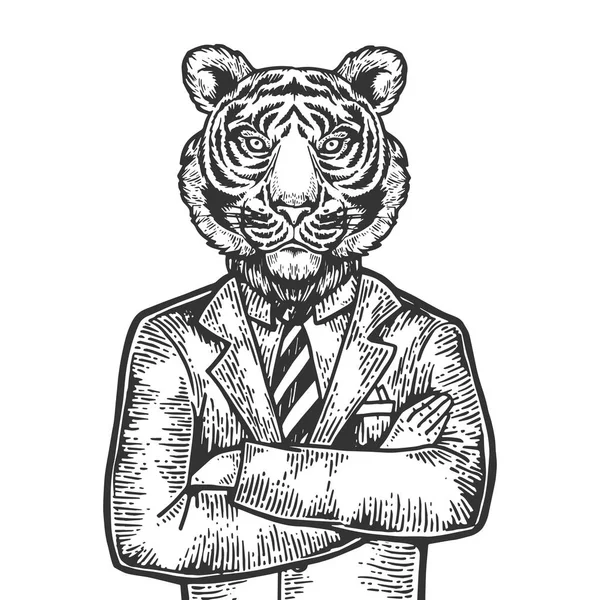 Tiger head affärsman gravyr vektorillustration. Repa styrelsen stil imitation. Svart och vitt handen ritade bilden. — Stock vektor