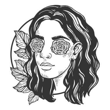 Seksi güzellik kız gül ile bunun yerine onun gözleri vintage oyma illüstrasyon vektör. Yönetim Kurulu tarzı taklit kaşı. Siyah ve beyaz el çizilmiş resim.