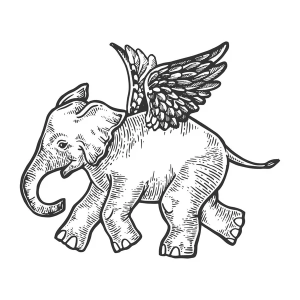 Летящий слон-ангел завидует вектору. Имитация в стиле Scratch board. Черно-белое изображение . — стоковый вектор