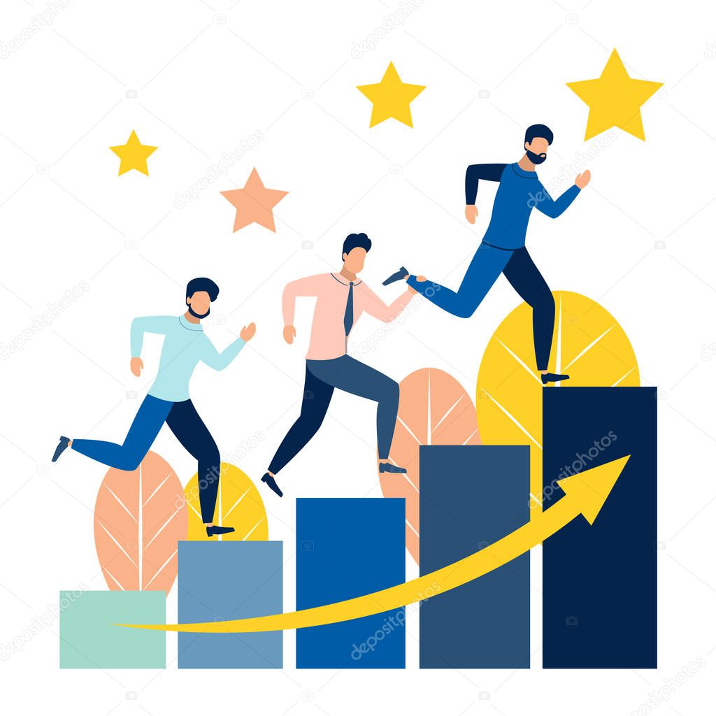 People run on career stairs competition. Business make deal metaphor in minimalistic flat style. Cartoon vector illustration