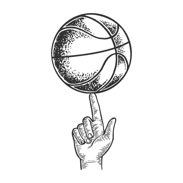 Basketbal spinnen op vinger gravure vectorillustratie. Kras bestuur stijl imitatie. Zwart-wit getekende handbeeld. — Stockvector