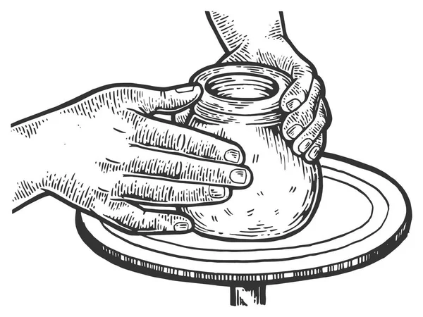 Potter faz panela de argila em oleiros roda gravura vetor ilustração. Imitação de estilo Scratch board. Imagem desenhada à mão preto e branco . — Vetor de Stock