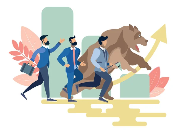 Stock exchange worker businessmen run with bear animal. Business metaphor in minimalistic flat style. Cartoon vector illustration — Stock Vector